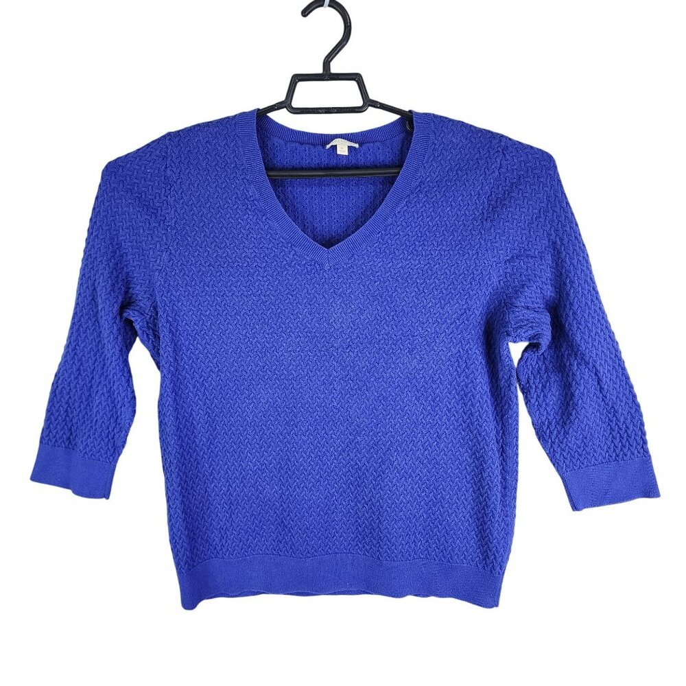Womens Blue Talbots Sweater V Neck 3/4 Sleeve Zig Zag Texture 100% Cotton XL